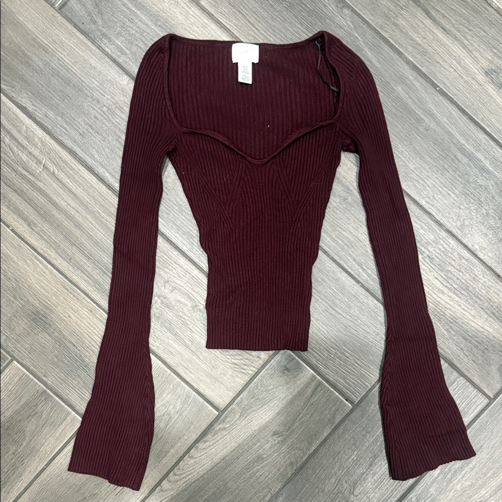 H&M Ribbed Long Sleeve Top in Burgundy
